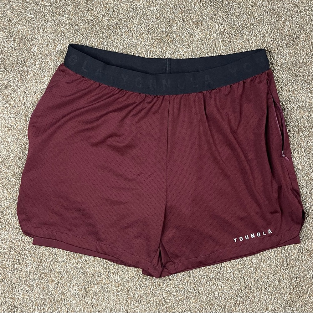 YoungLA Men's Maroon Running Shorts 4” Compression Size XL Gym Athletic Workout
